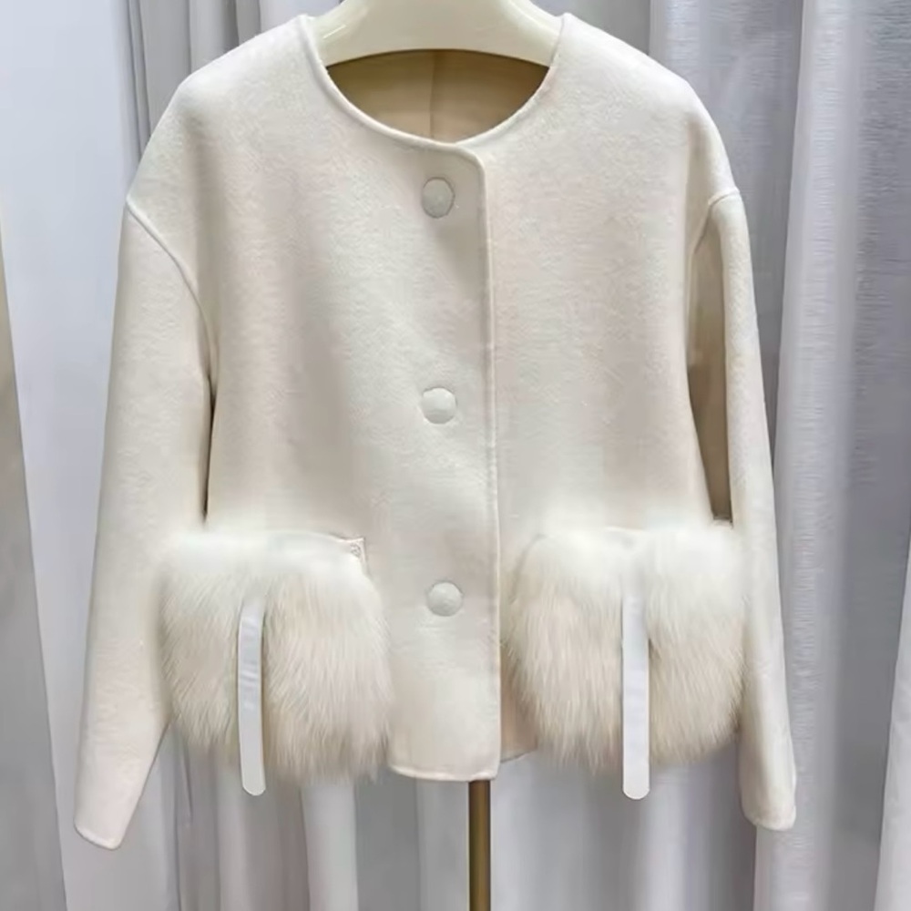 New Cashmere Wool Woolen Coat Real Fur Jacket Women Natural Fox fur
